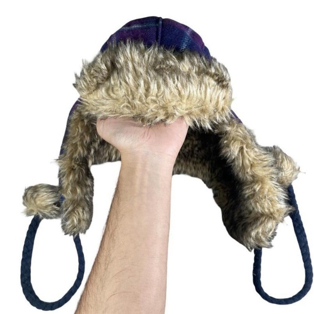 American Eagle Trapper Hat Winter Warm Ear Faux Fur Lined Purple Plaid Y2k - Picture 3 of 6